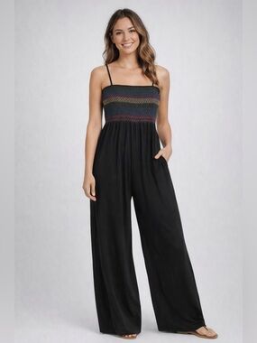 Splendid Smocked Strapless Wide Leg Jumpsuit Black NWT Medium